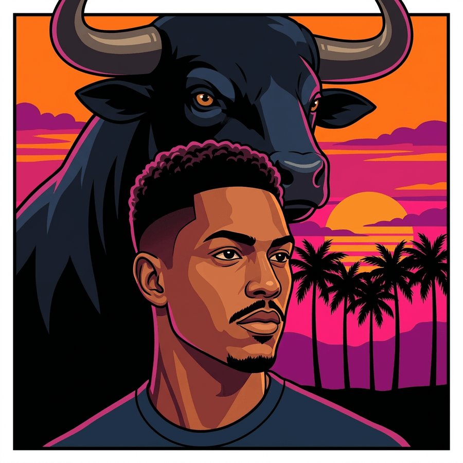 Ansem painted into a tall game character panel, his black bull looming behind him